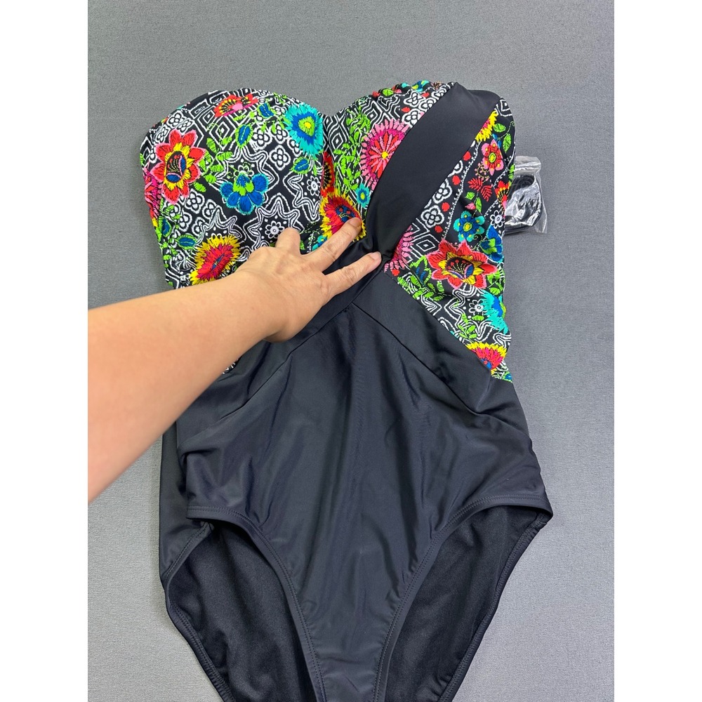 Into the Bleu‎ Floral Geometric w Strap One Piece Swimsuit Black Size 12 NWT